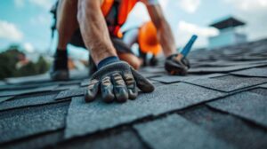Workers use protected walk boards while renovating a house beside a covered roof section.