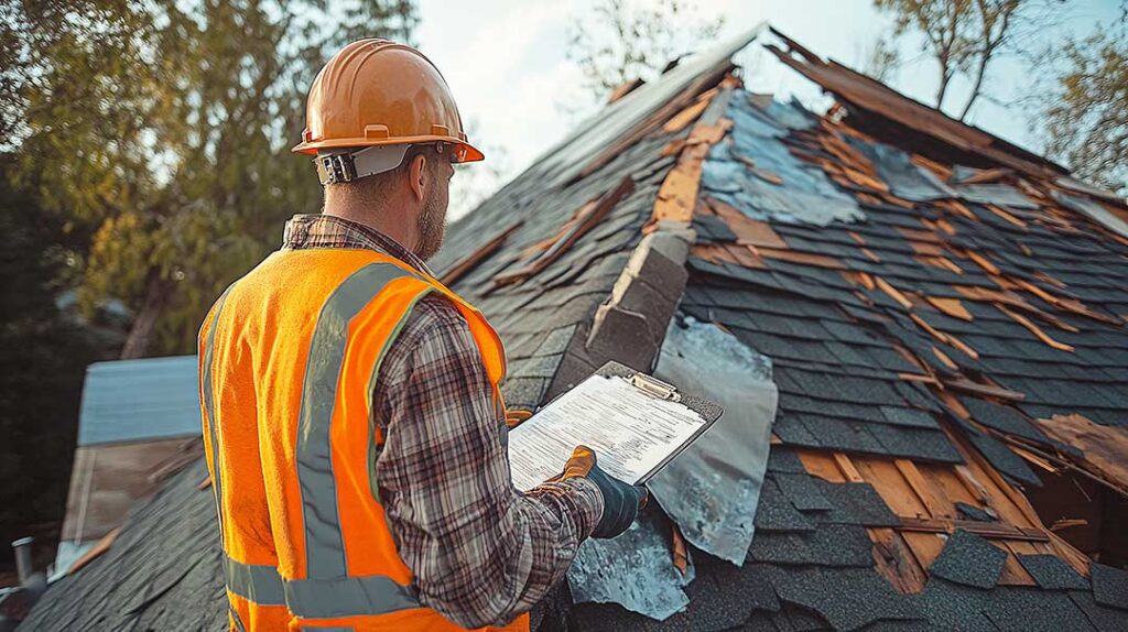 A homeowner examines lifted shingles and damaged flashing beside a roof leak after a storm.