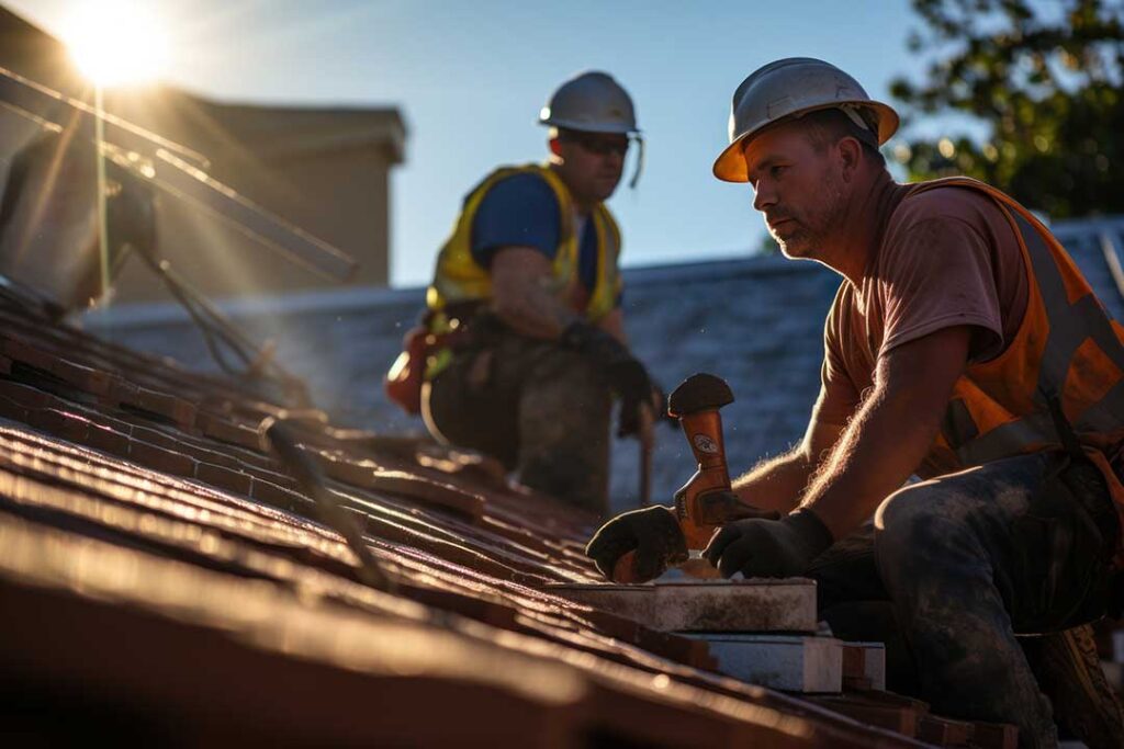 Roof workers remove shingles beside a protected house while exposing the wooden roof deck.