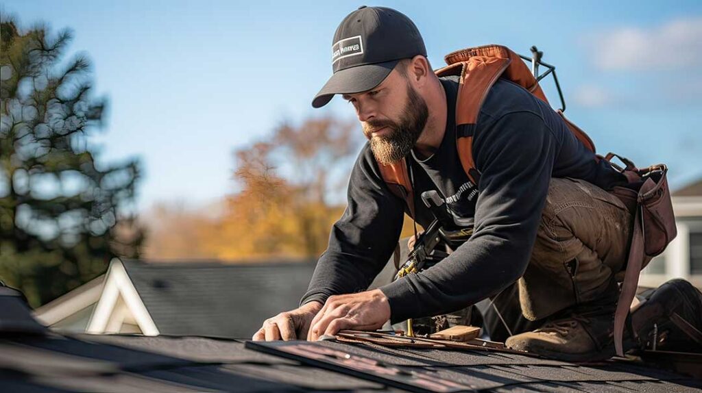 Homeowner reviews loan documents and a roofing project budget at a kitchen table beside a calculator.
