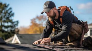 Homeowner reviews loan documents and a roofing project budget at a kitchen table beside a calculator.