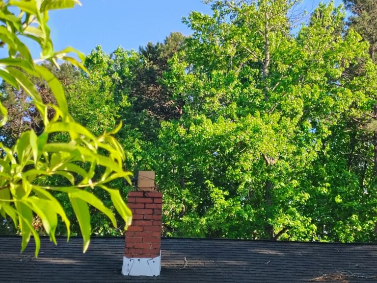 A homeowner and inspector examine new shingles, flashing, and gutters on a well-maintained house.